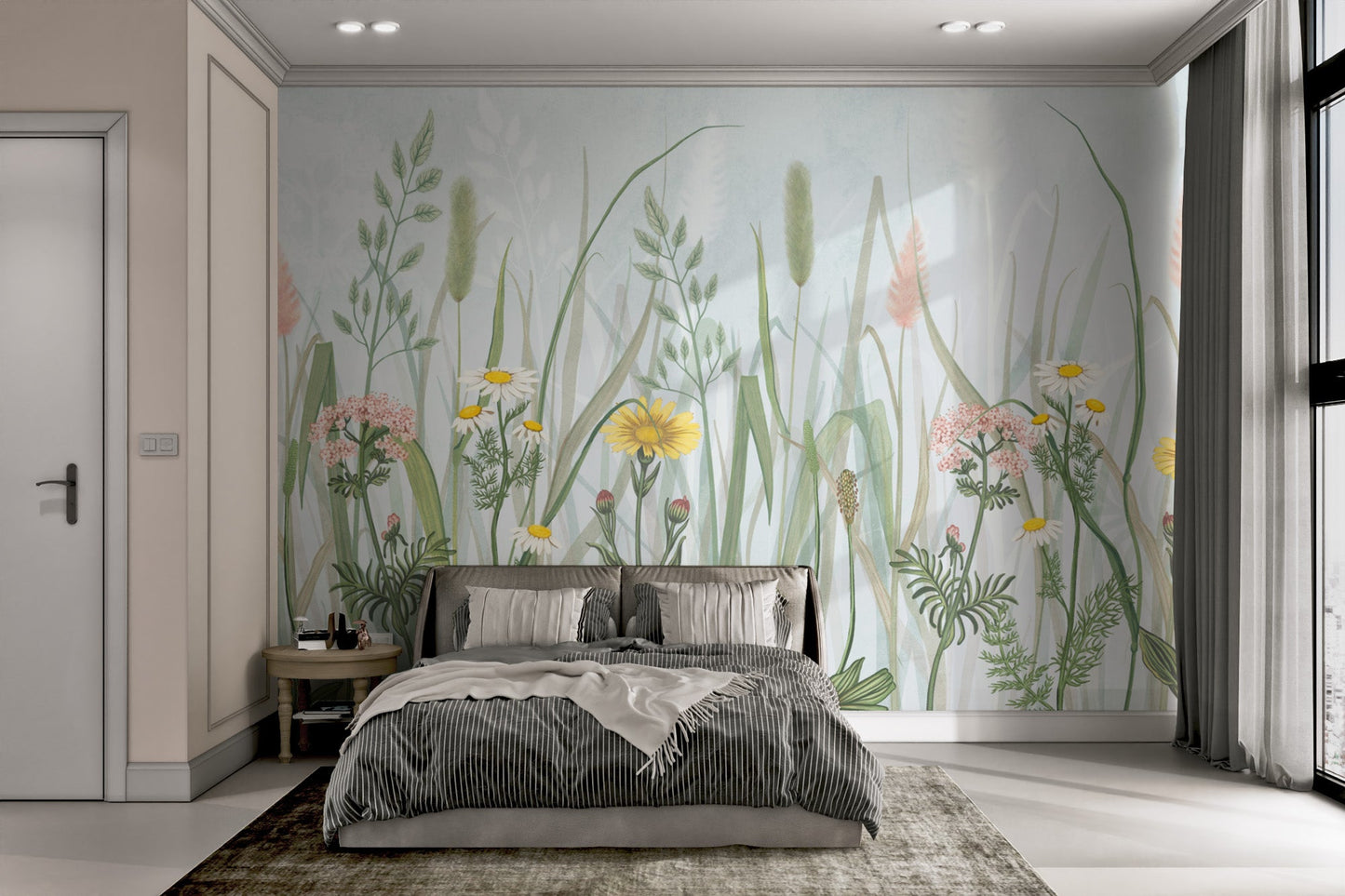 Cottage floral wallpaper murals with daisies and pink umbels