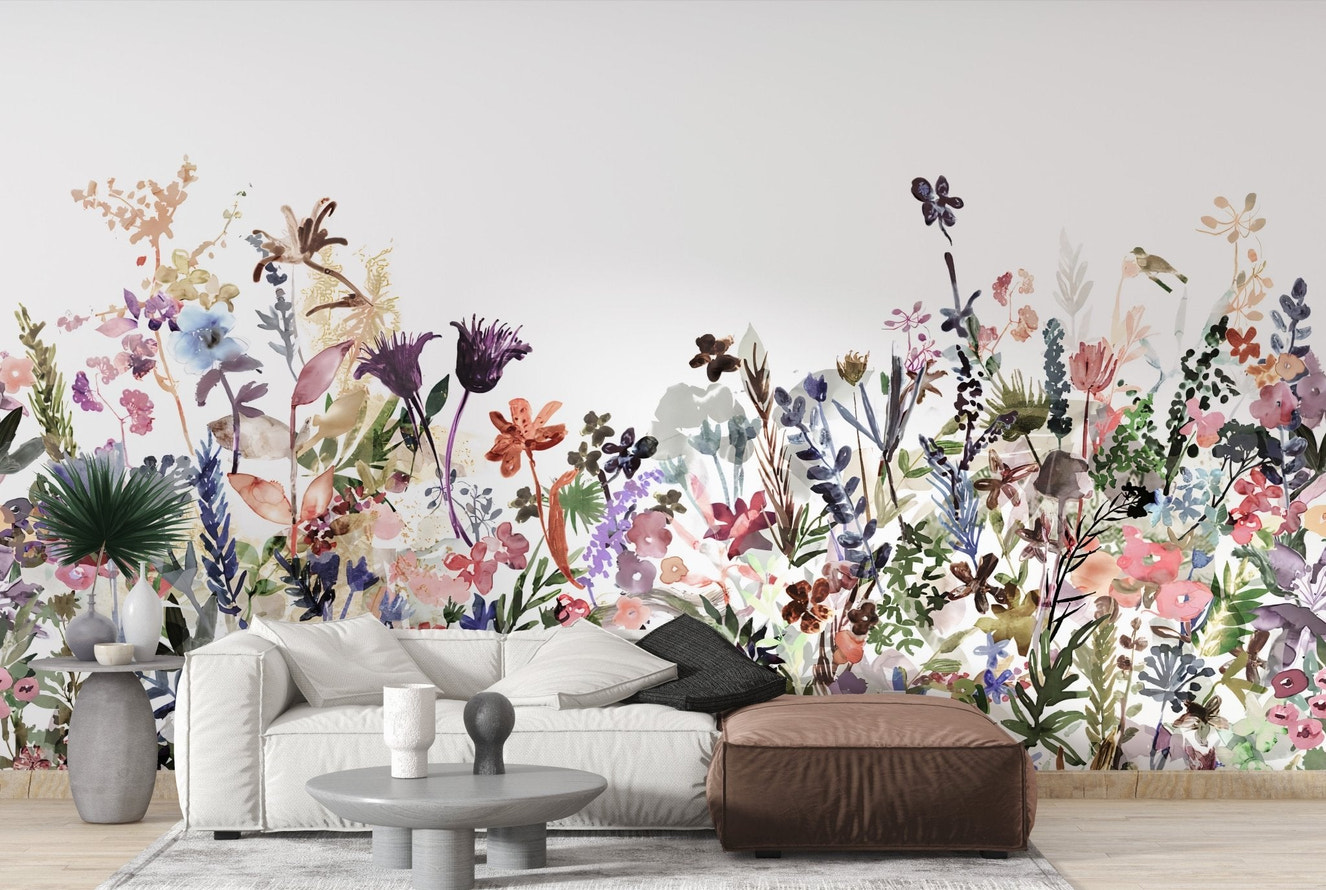 Contemporary floral wallpaper with scattered wild plants and stems.