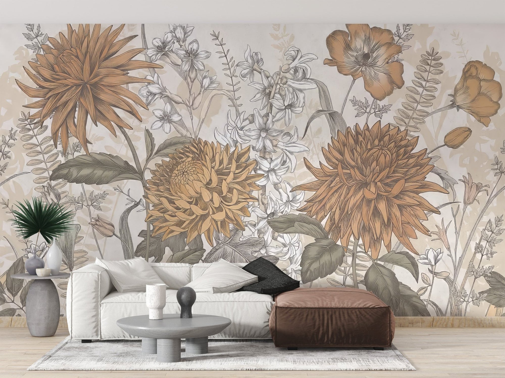 Wildflowers garden wallpaper mural with beige floral illustration.