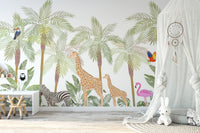 Palm tree wall mural behind a white teepee tent and soft nursery toys.