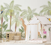 White canopy bed against a palm tree and giraffe and wildlife wall mural.