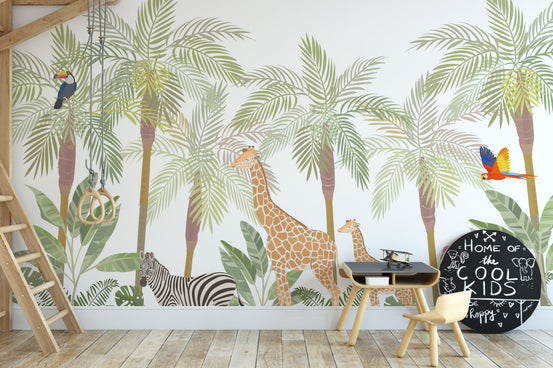 Wildlife Adventure Kids Room Murals with giraffe and zebra in a wooden play area.