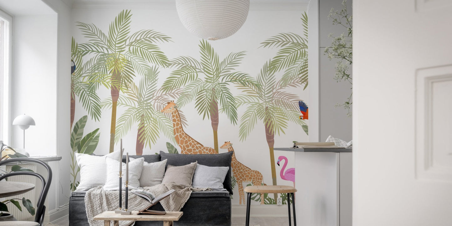 Living area featuring a subtle wildlife wall mural behind a dark sofa.