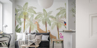 Living area featuring a subtle wildlife wall mural behind a dark sofa.