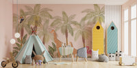 Tropical jungle adventure wall mural in a playroom with blue furniture and storage bins.