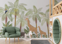 Modern playroom seating with a green armchair and animal adventure wall mural.
