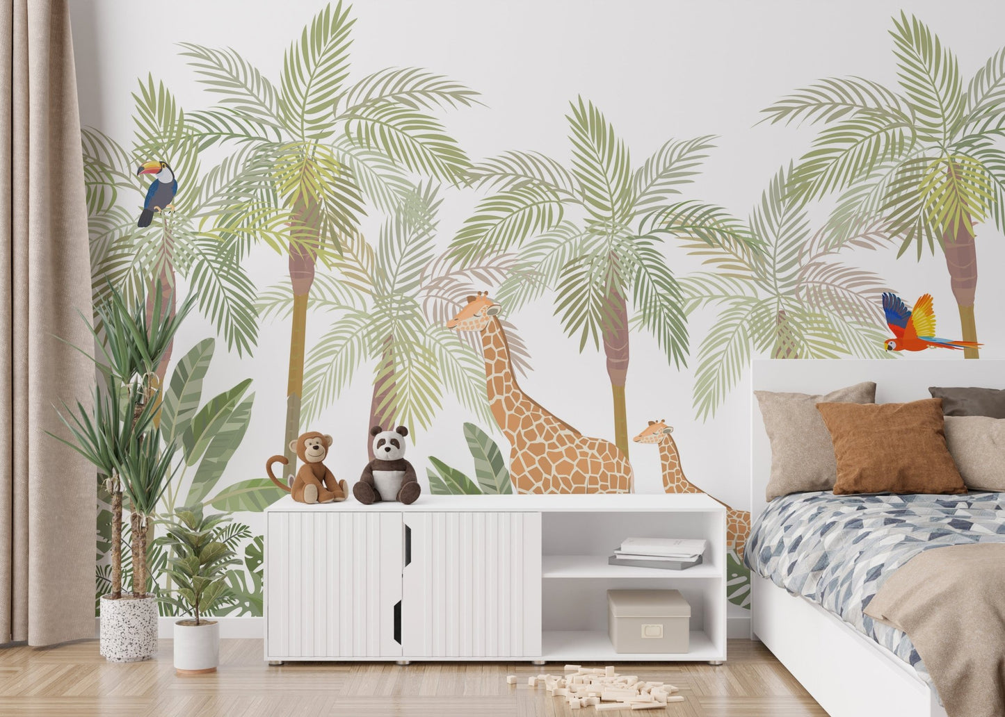 Wildlife Adventure Kids Room Murals featuring a white dresser and neutral bedding.