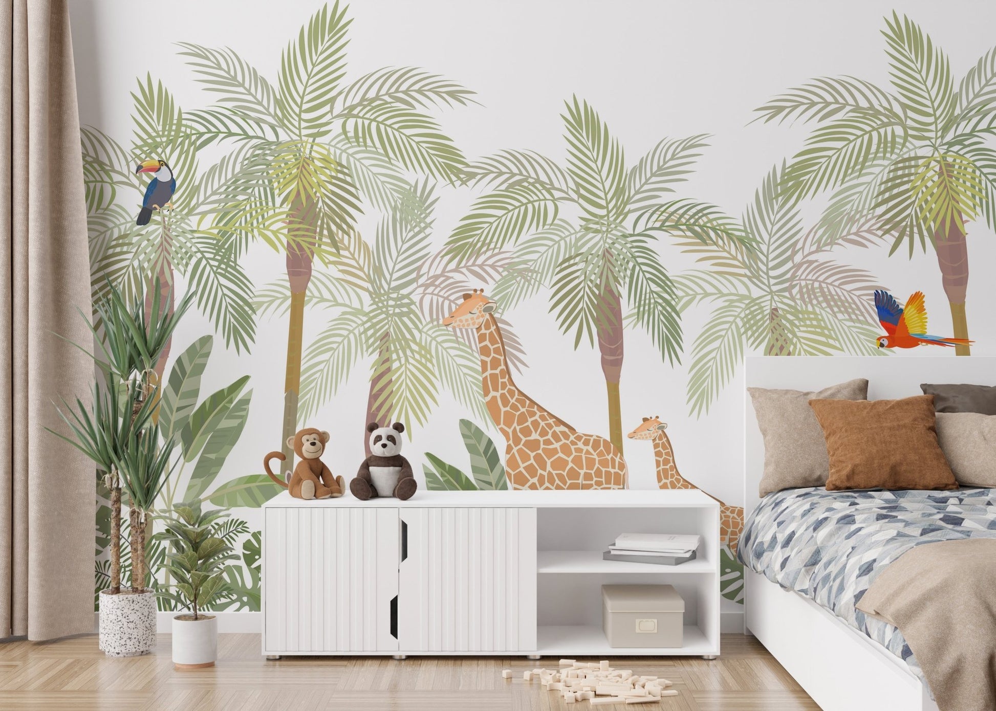 Wildlife Adventure Kids Room Murals featuring a white dresser and neutral bedding.