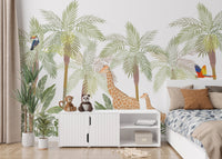Wildlife Adventure Kids Room Murals featuring a white dresser and neutral bedding.