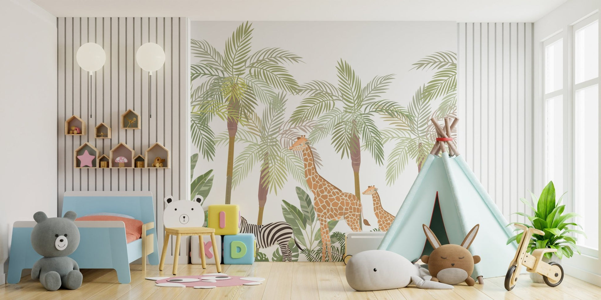 Safari wildlife wall mural on a soft pink background in a shared bedroom.