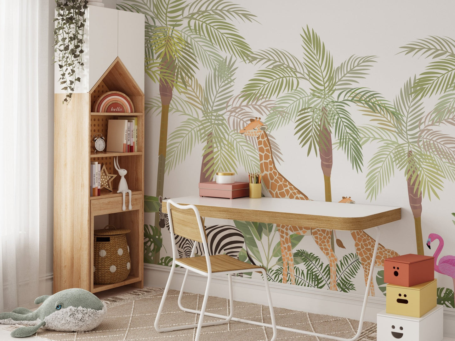 Study area with a wooden desk against a tall palm tree and wildlife wall mural.