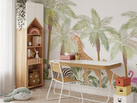 Study area with a wooden desk against a tall palm tree and wildlife wall mural.