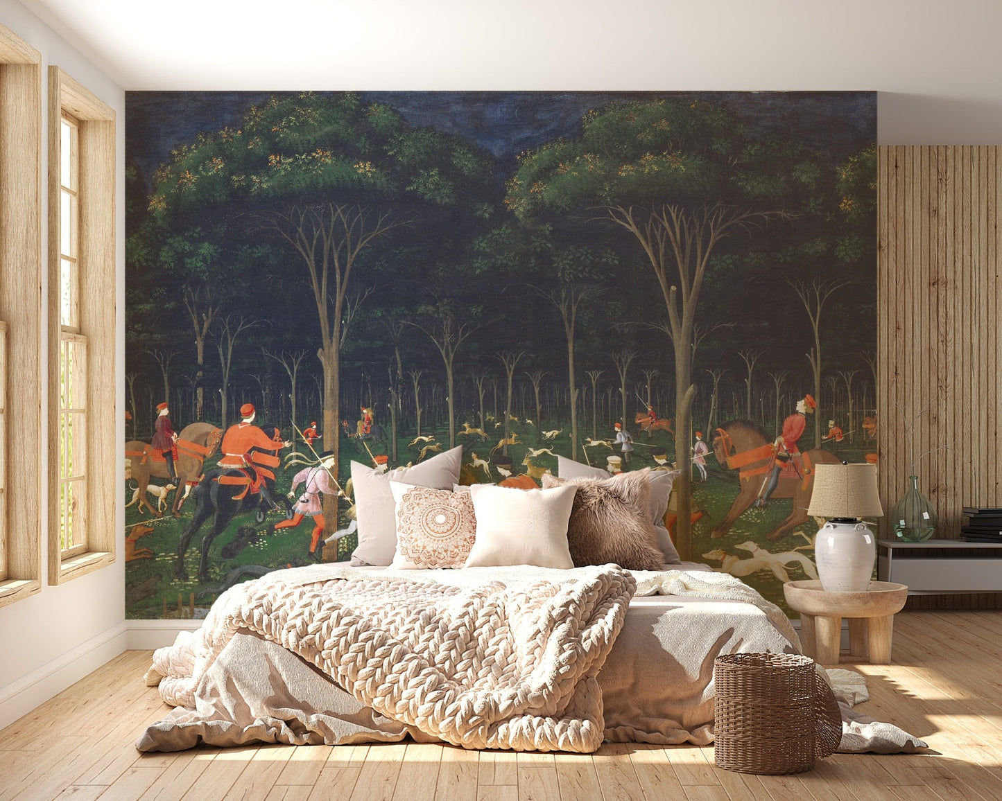 Action-packed wildlife mural in bright bedroom interior.