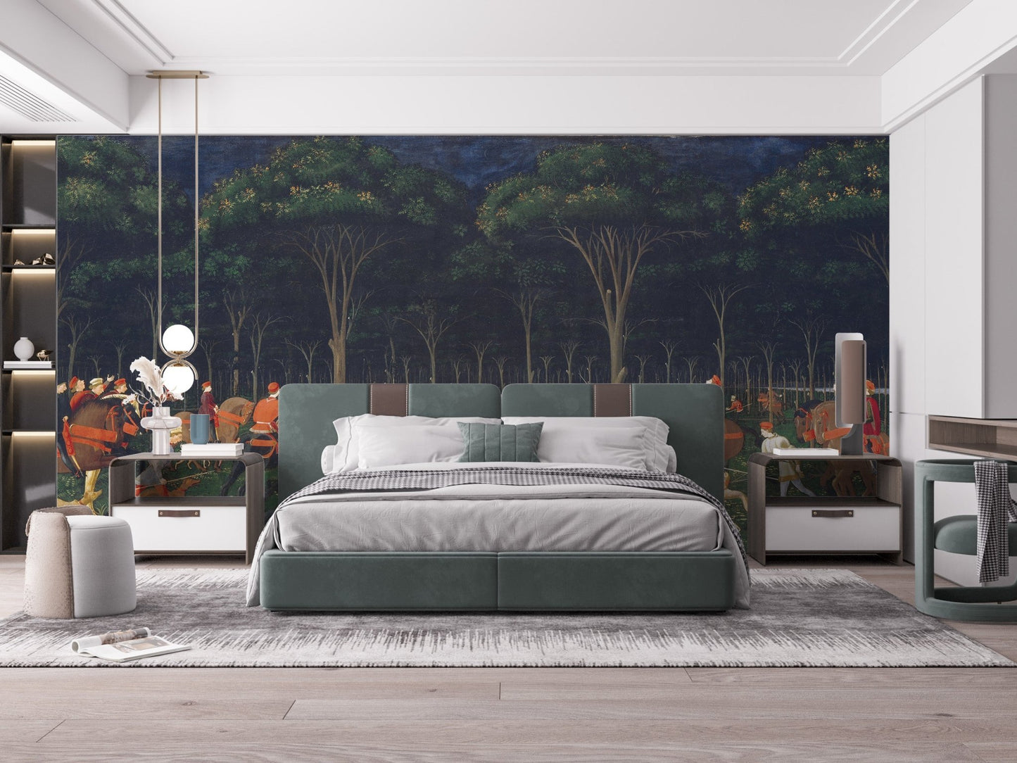 Outdoor wildlife adventure mural in modern bedroom.