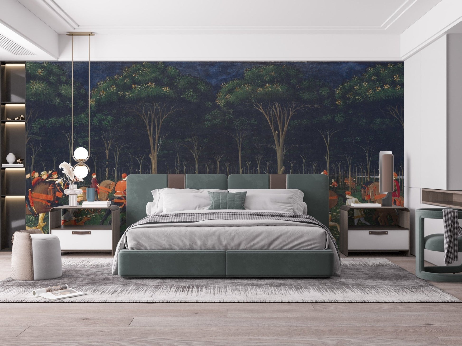 Outdoor wildlife adventure mural in modern bedroom.