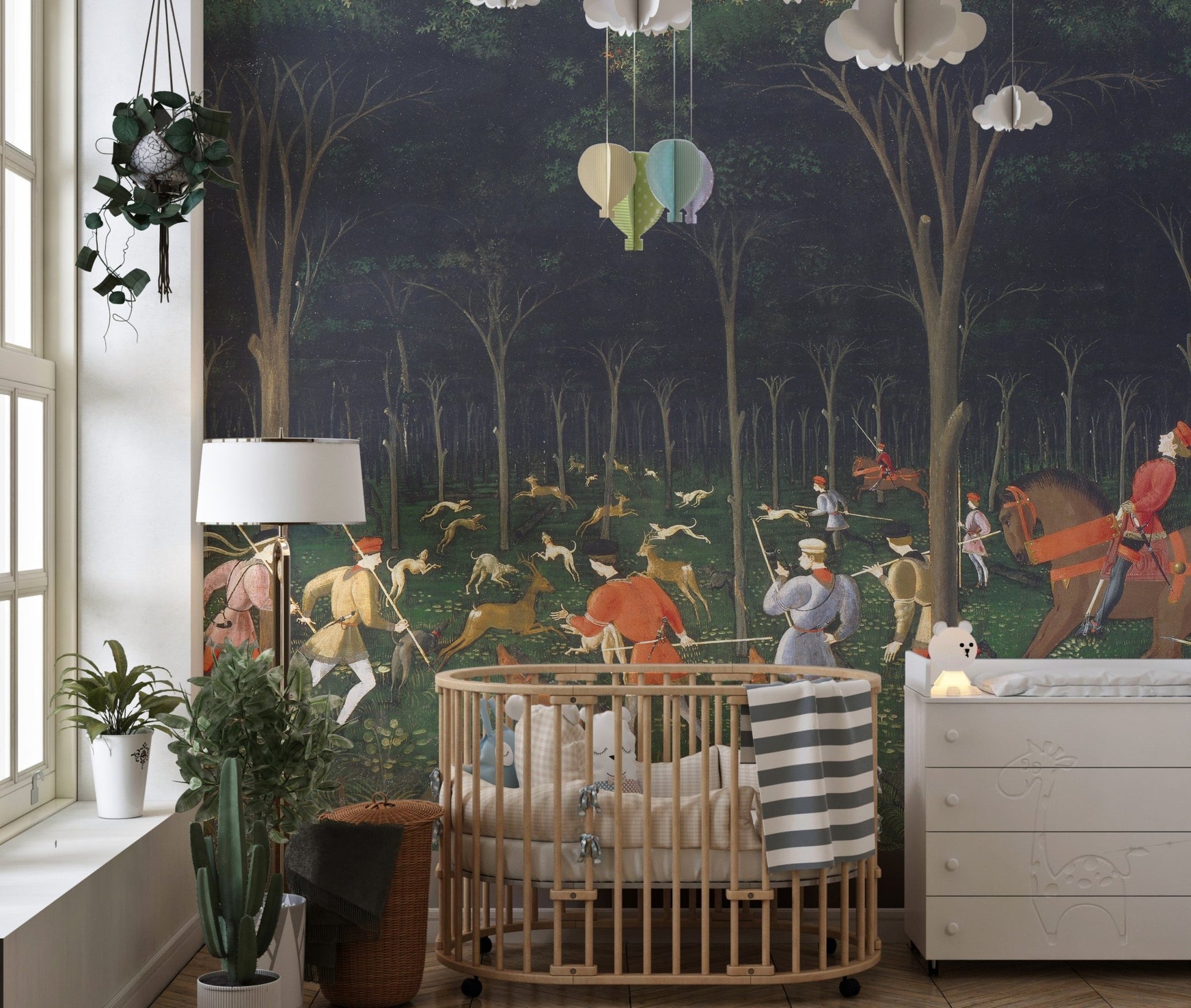 Nature adventure wildlife wall mural in modern nursery.