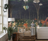 Nature adventure wildlife wall mural in modern nursery.