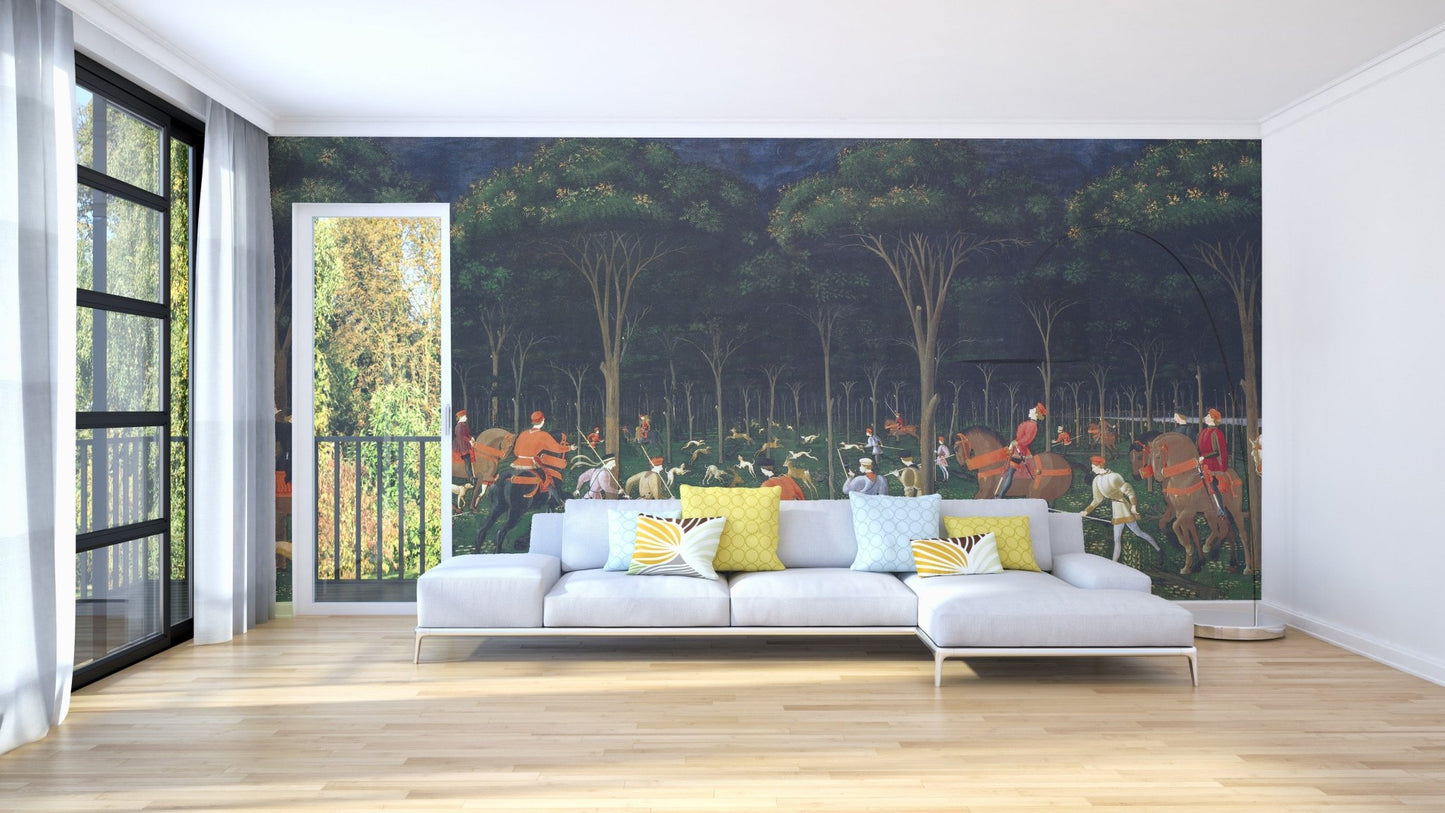 Dynamic wildlife adventure wall mural in minimalist living room.