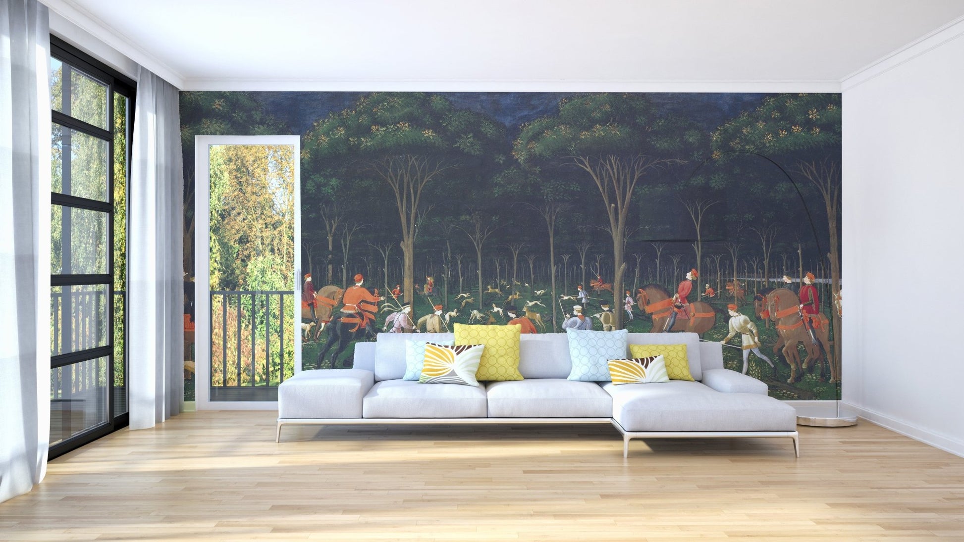 Dynamic wildlife adventure wall mural in minimalist living room.