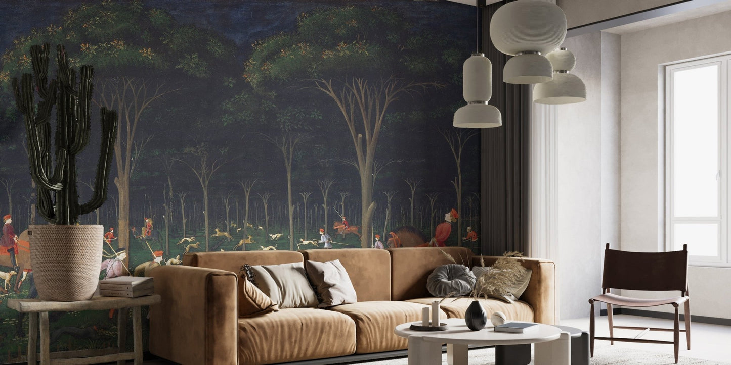 Vibrant wildlife adventure mural in a bright living room.