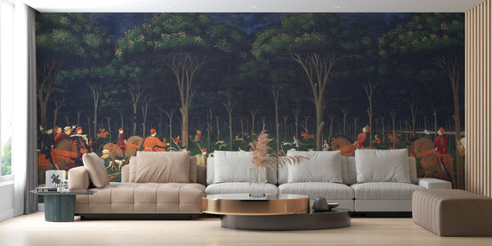Wildlife exploration mural design in large living room.