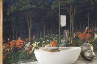 Outdoor wildlife adventure wall mural in a sunlit bathroom.