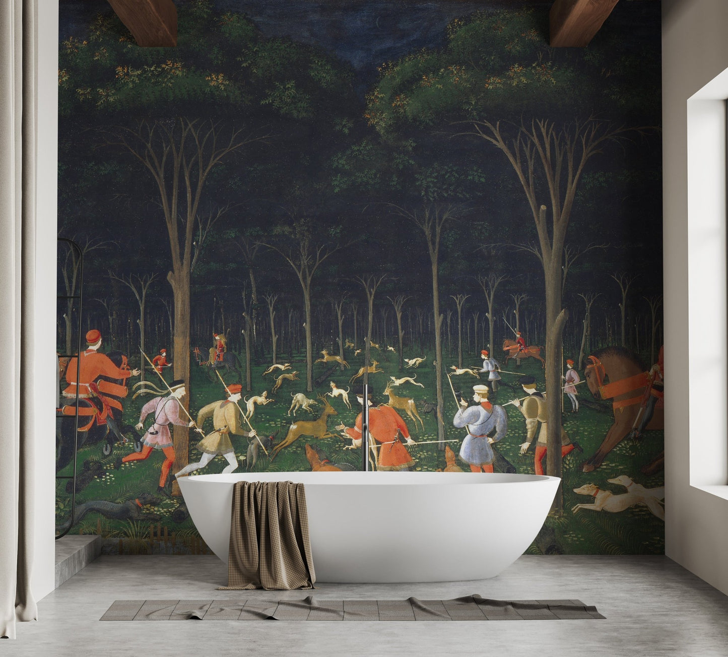 Adventure wildlife scene mural in a modern washroom.