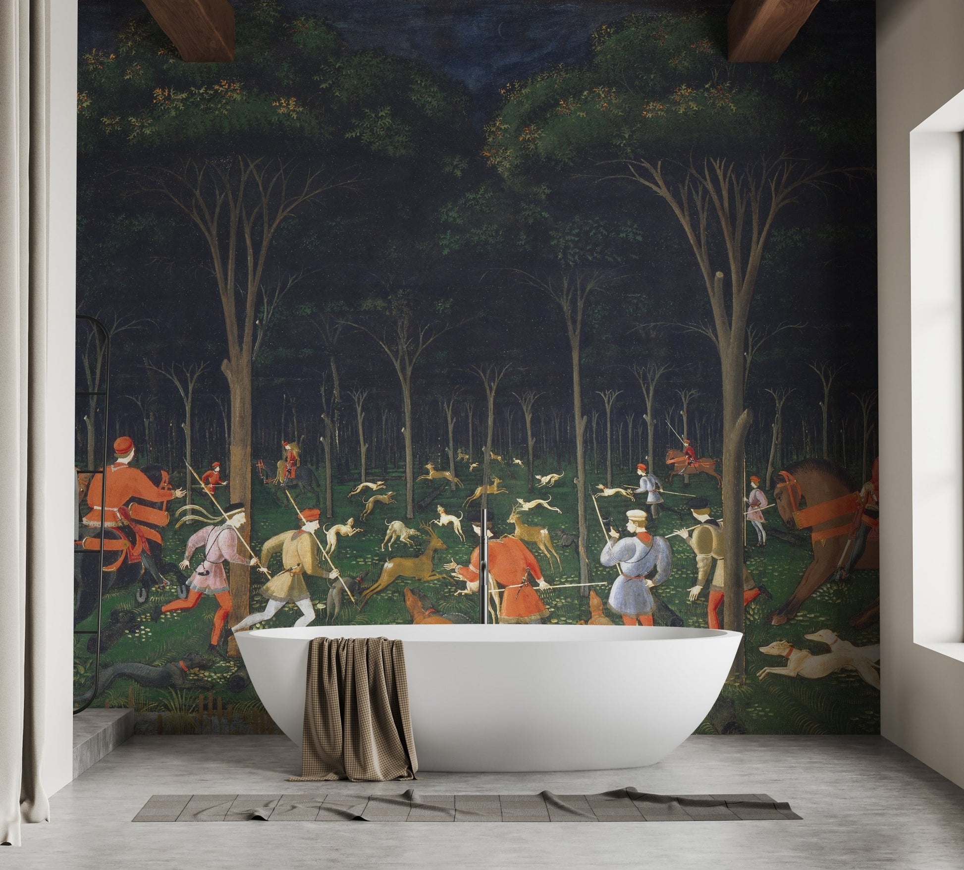 Adventure wildlife scene mural in a modern washroom.