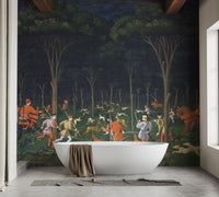 Adventure wildlife scene mural in a modern washroom.
