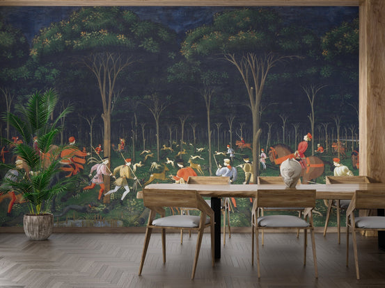 Adventure-themed wildlife wall mural in open dining area.