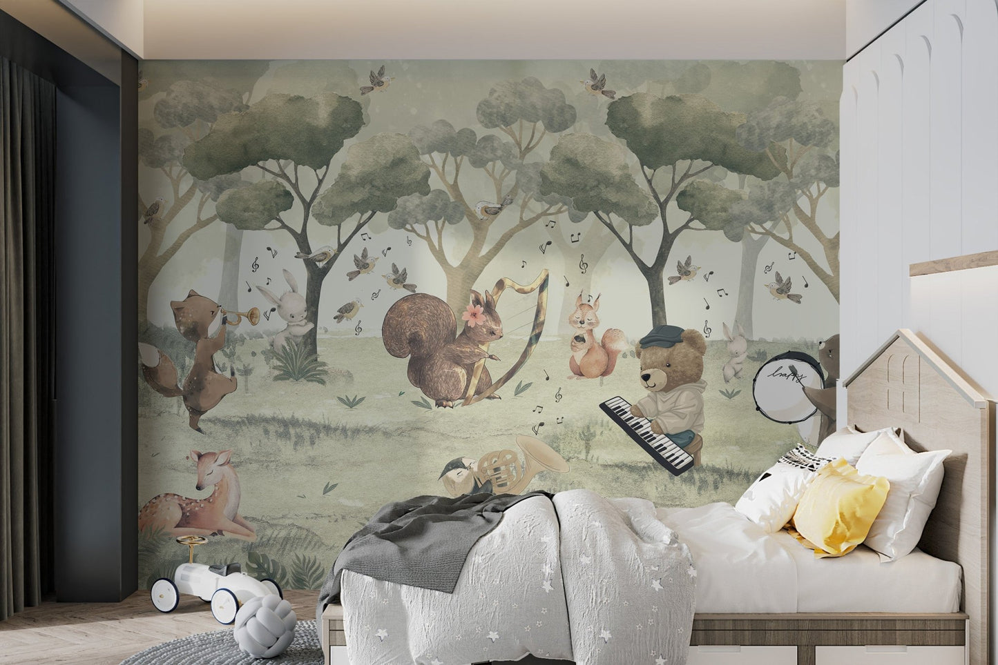 Fox blowing a trumpet amidst olive green tree mural for children's bedroom