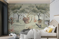 Fox blowing a trumpet amidst olive green tree mural for children's bedroom