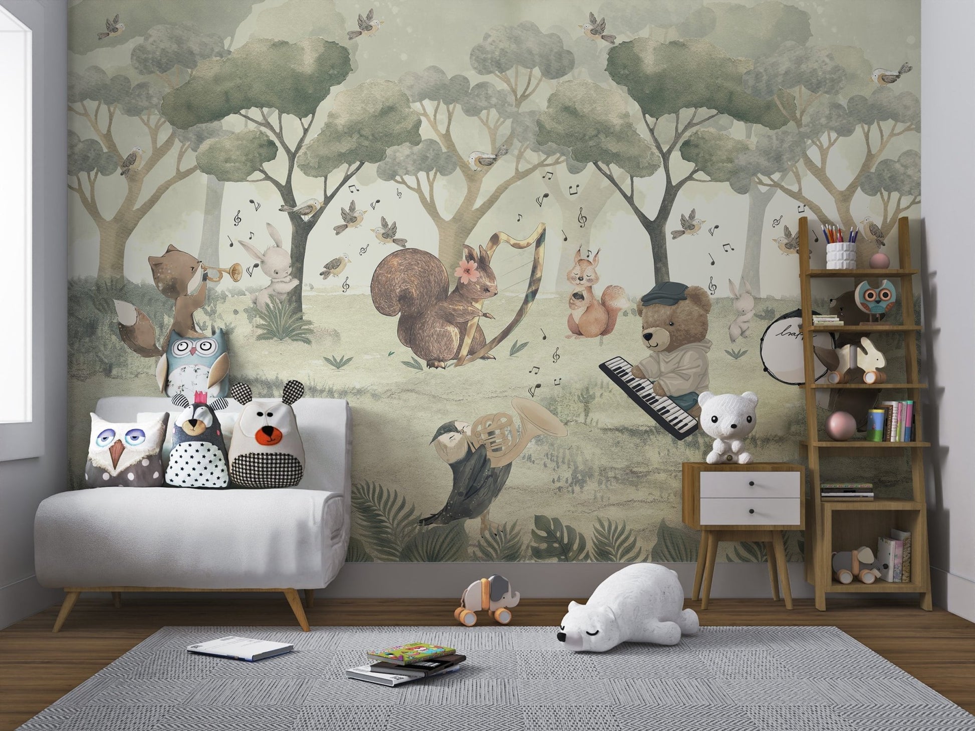 Illustrated owl wall mural with horn and deer resting on grass for a nursery. 