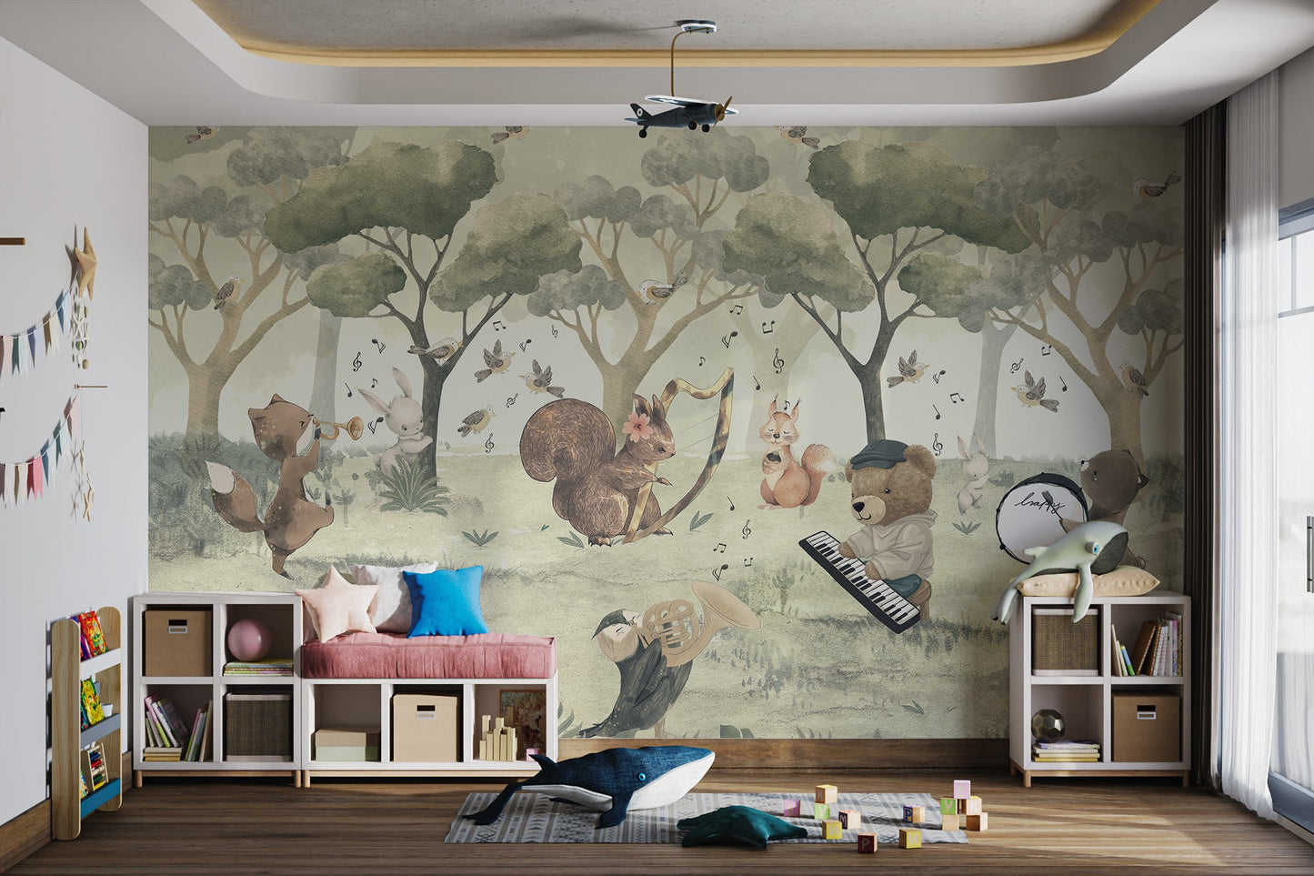 Sage green forest wall mural with animals playing music for play room. 