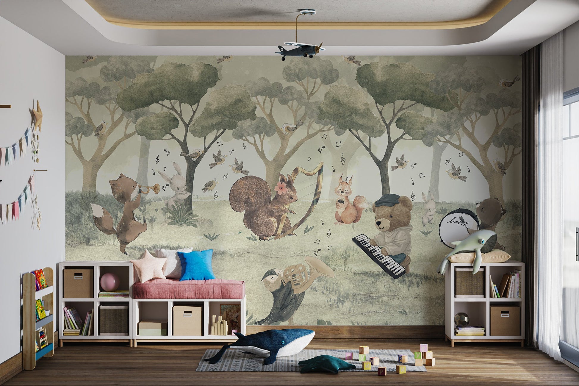 Sage green forest wall mural with animals playing music for play room. 