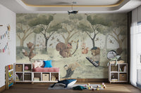 Sage green forest wall mural with animals playing music for play room. 