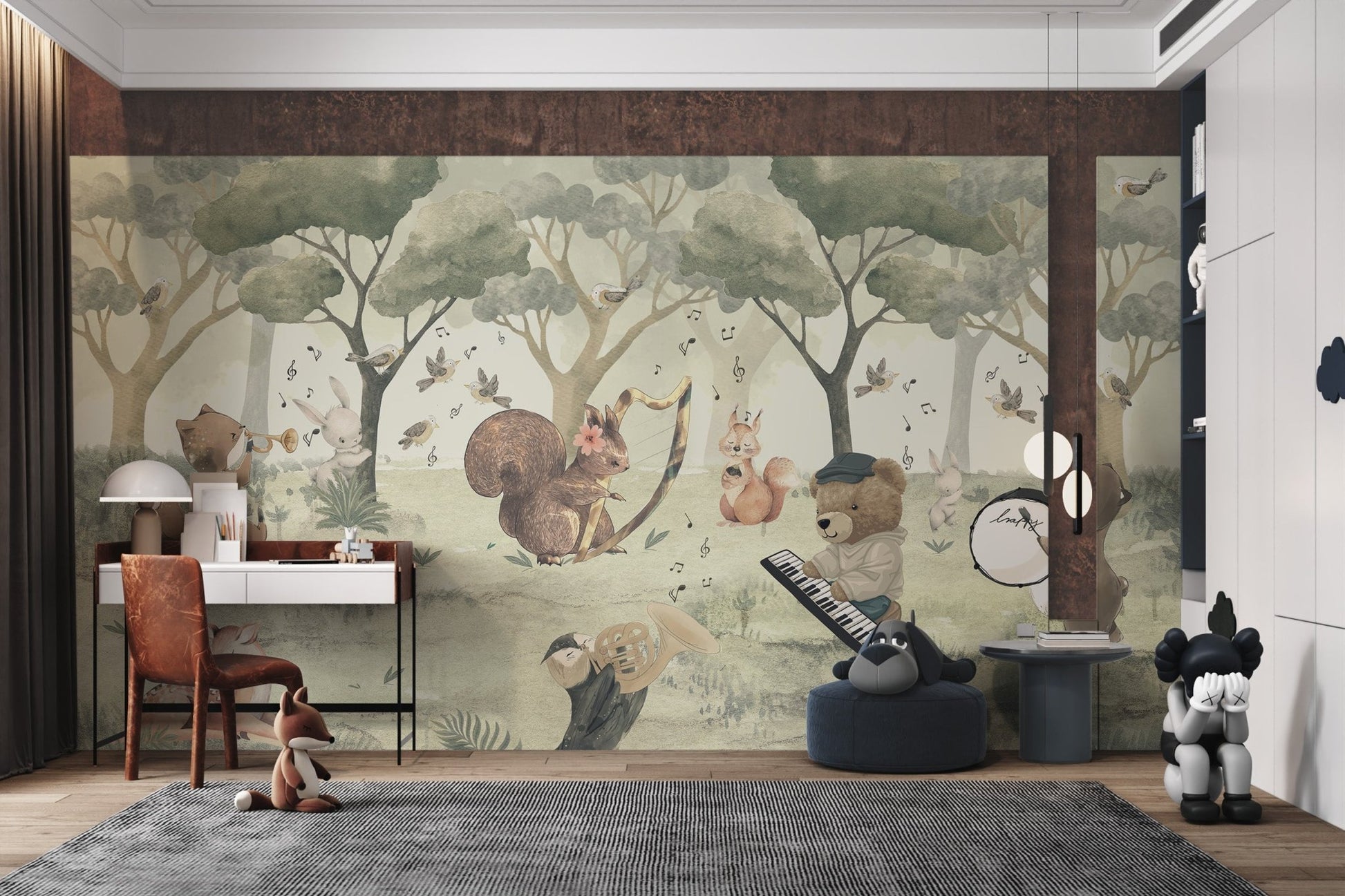 Watercolor bear playing keyboard in a green woodland mural for study room.