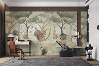 Watercolor bear playing keyboard in a green woodland mural for study room.