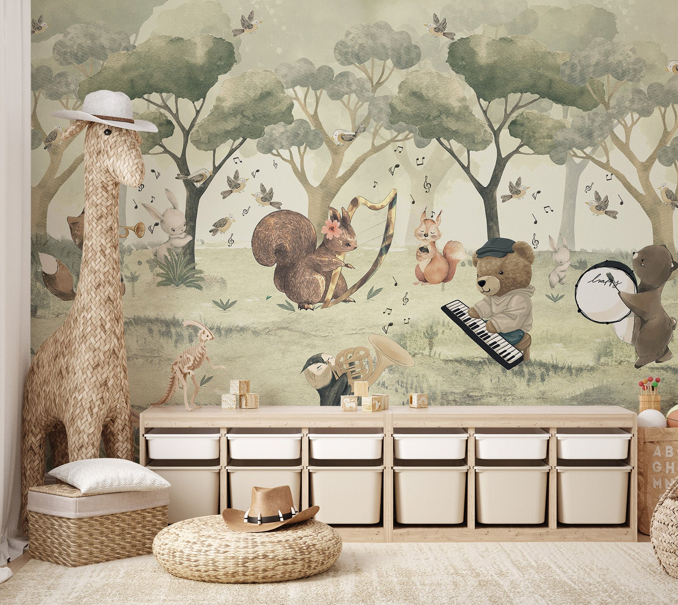 Whimsical forest concert mural with animals playing musical instruments.