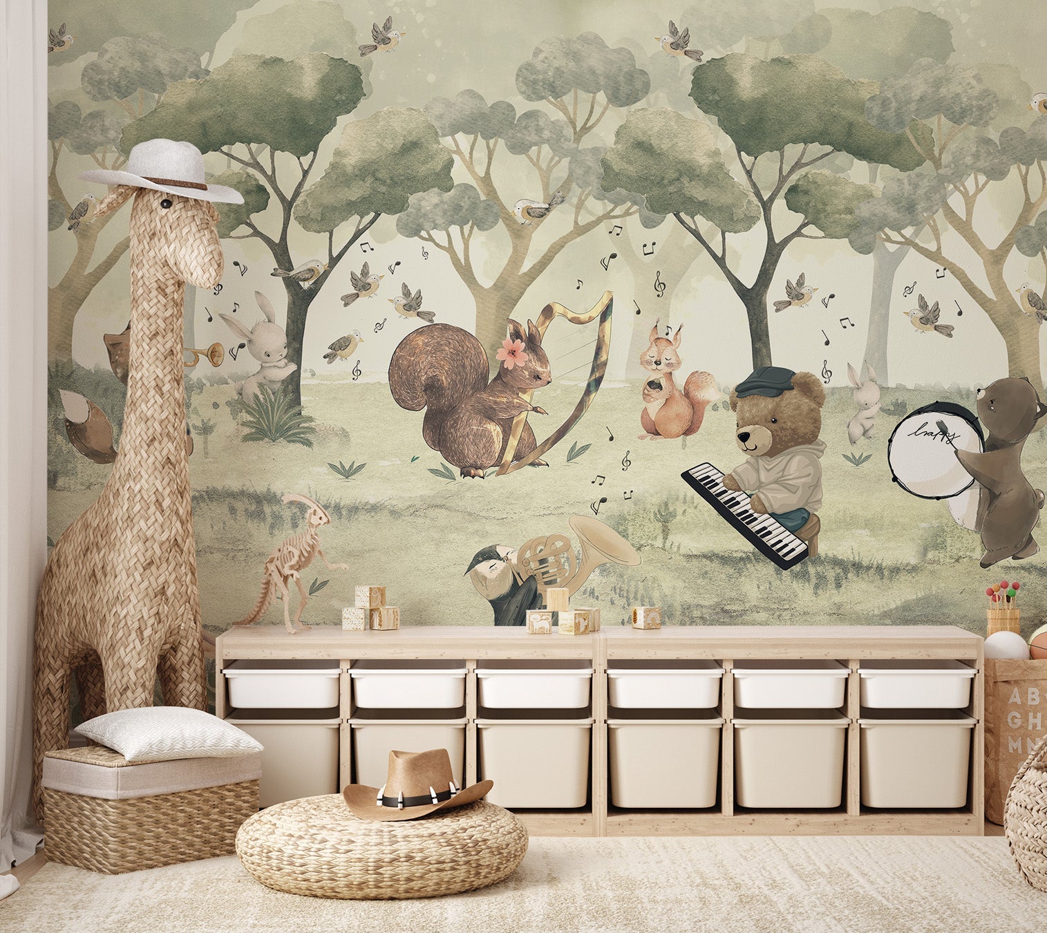 Whimsical forest concert mural with animals playing musical instruments.
