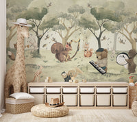 Whimsical forest concert mural with animals playing musical instruments.