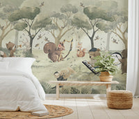 Charming wildlife mural with animals playing instruments in a forest.