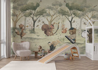 Musical notes floating around forest animals in a sage green scenery mural.