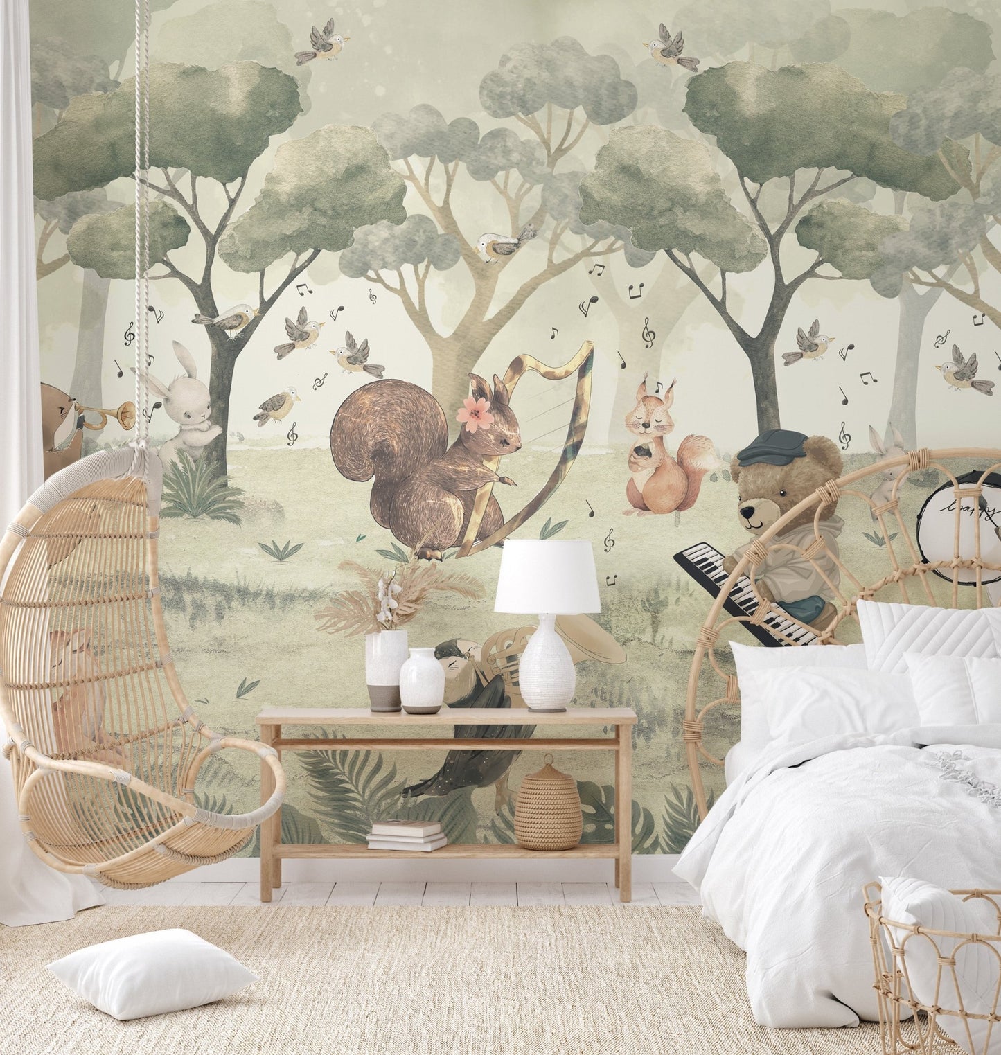 Playful wall mural with deer resting while other animals play musical instruments.