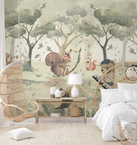 Playful wall mural with deer resting while other animals play musical instruments.