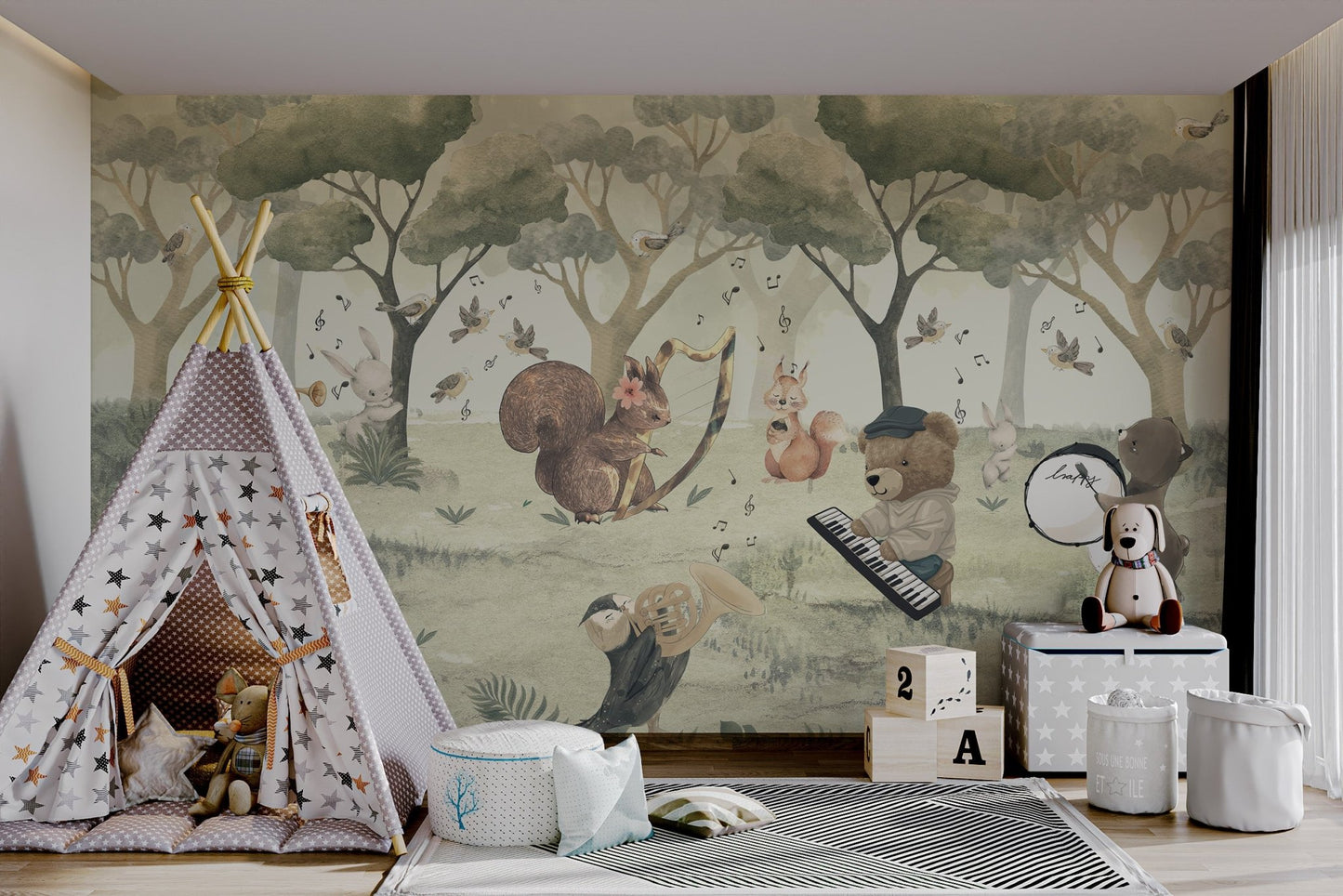 Brown bear wall mural with drum and musical notes in a forest for nursery 