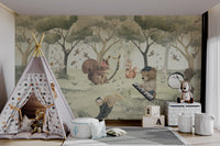 Brown bear wall mural with drum and musical notes in a forest for nursery 