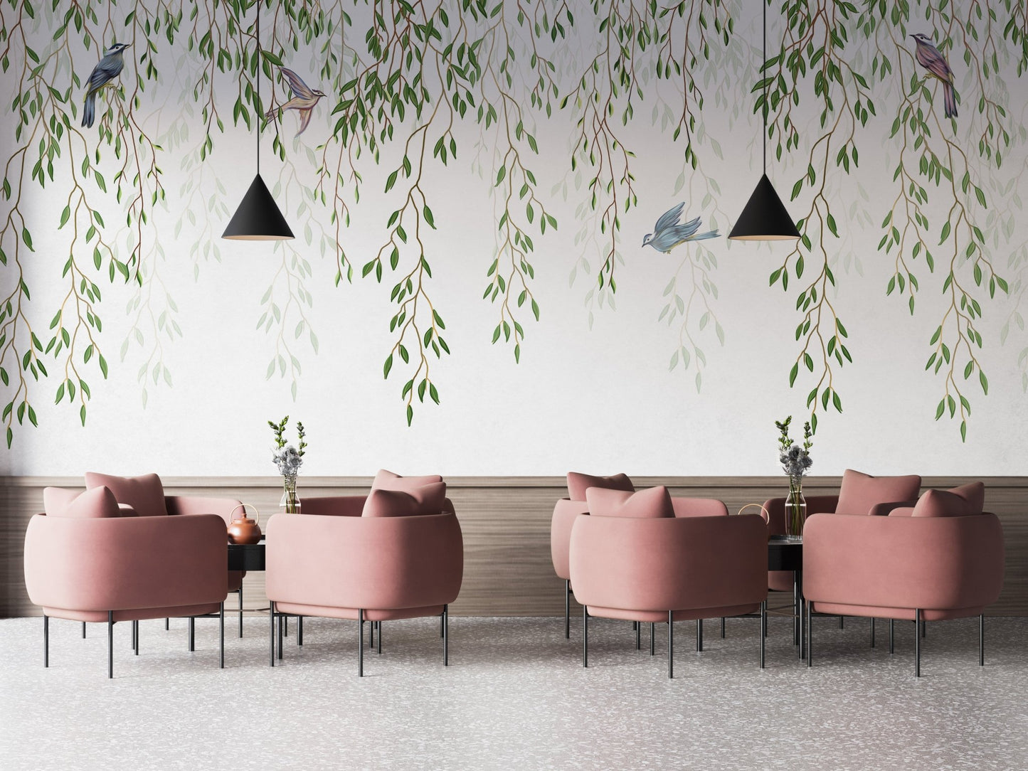 Nature-Inspired Willow Branches and Birds Wall Mural in modern cafe.