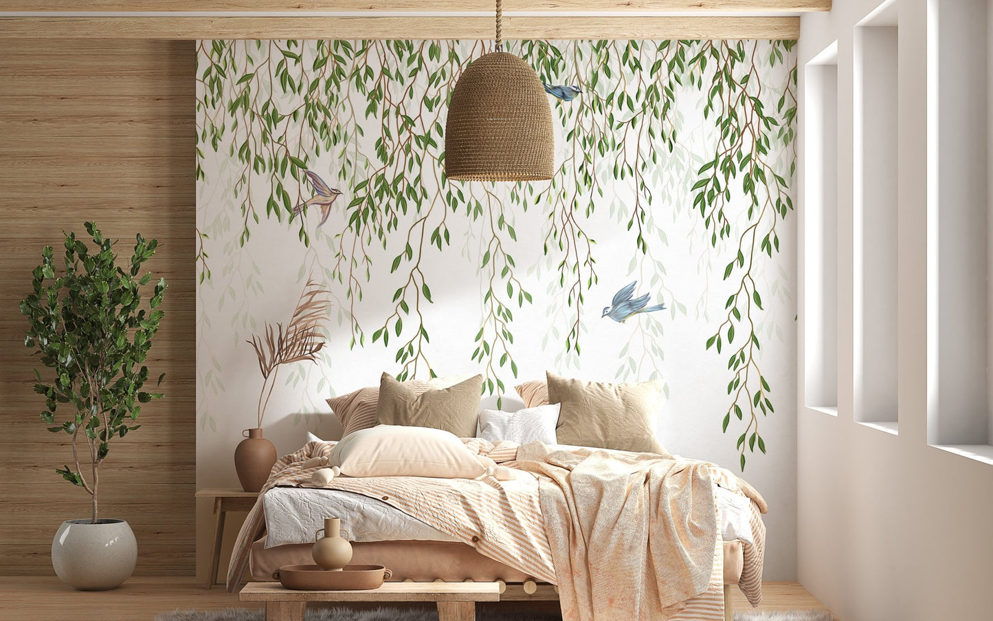 Willow Branches and Birds Wall Mural for Bedroom interior.