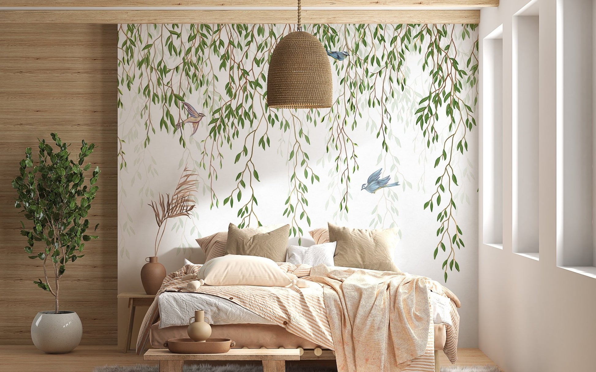 Willow Branches and Birds Wall Mural for Bedroom interior.